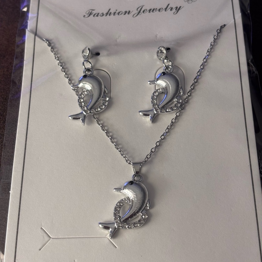 Silver tone  Dolphin Necklace and Earring Set - Fashion Jewelry